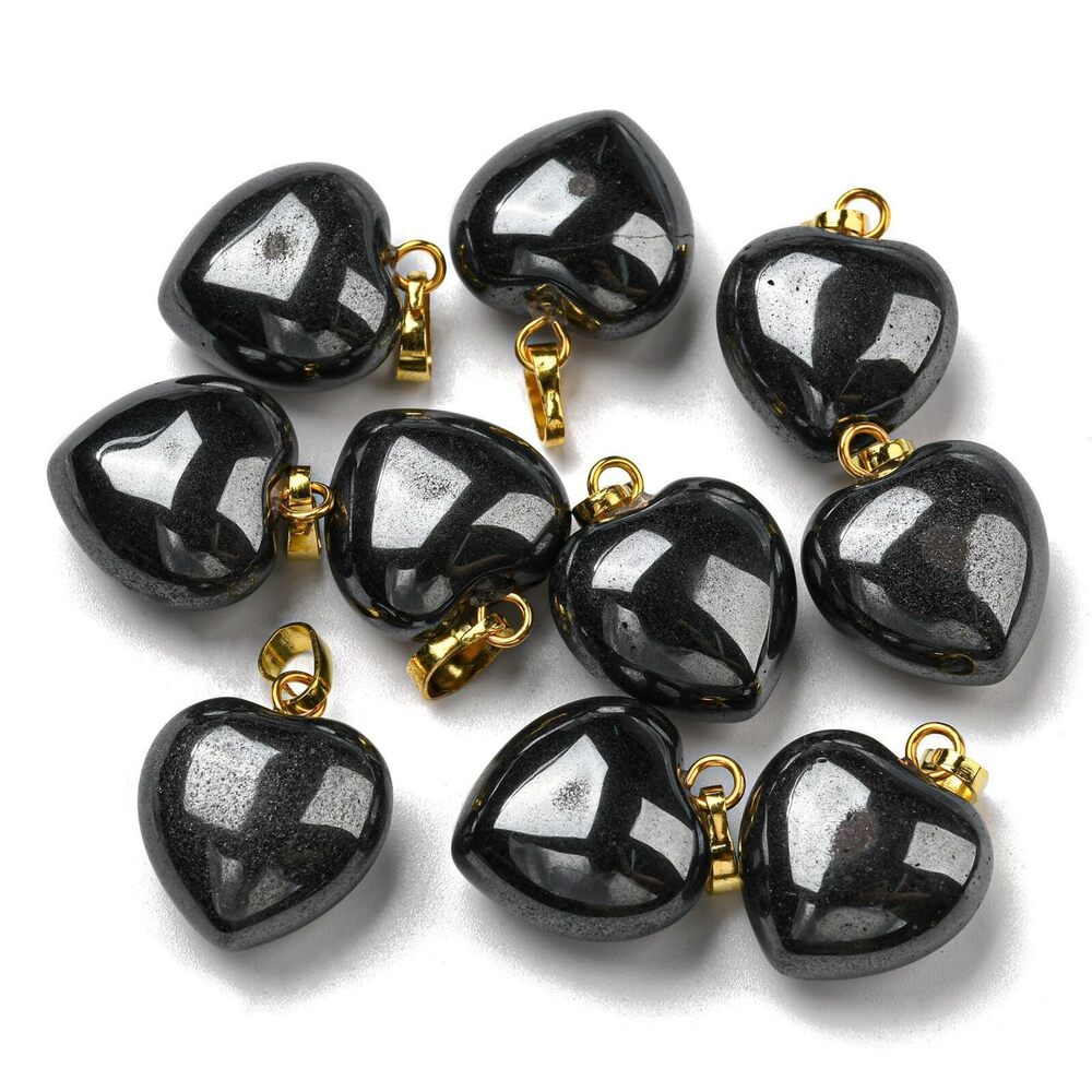 5049 10 Pcs Black Natural Gemstone Heart Charms Healing Stone Heart Shaped